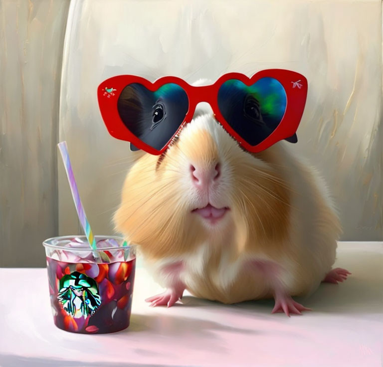 Adorable guinea pig with heart sunglasses and patterned glass.