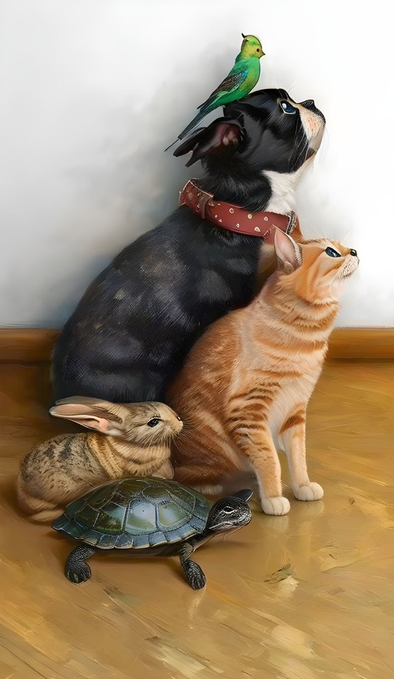 Monochrome dog, ginger cat, green bird, rabbit, and tortoise on wooden floor.