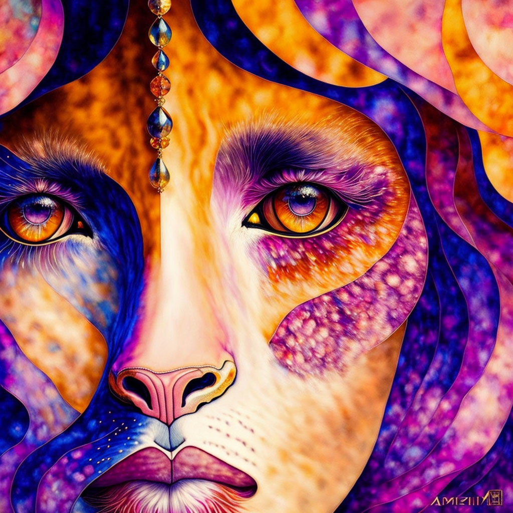 Colorful Psychedelic Lion Portrait with Intense Eyes