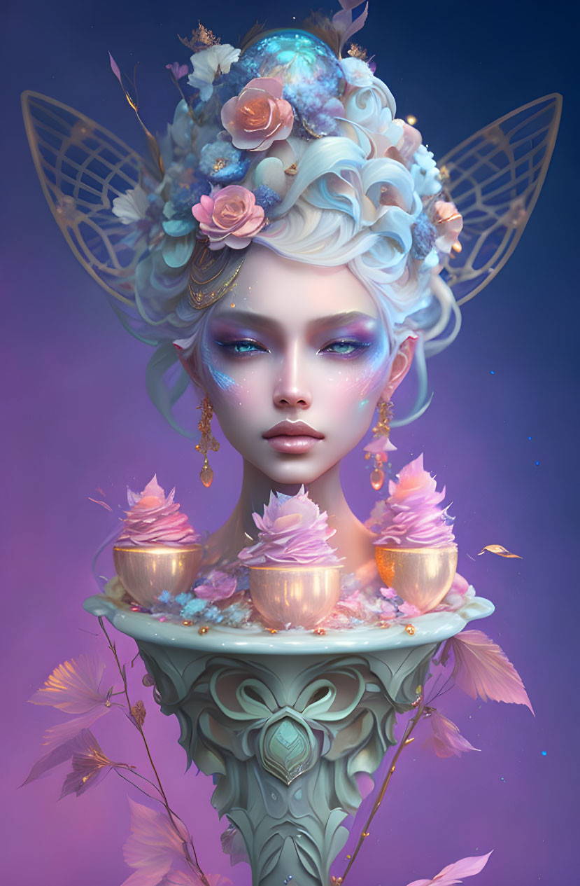 Surreal portrait of woman with blue skin and elaborate floral headwear