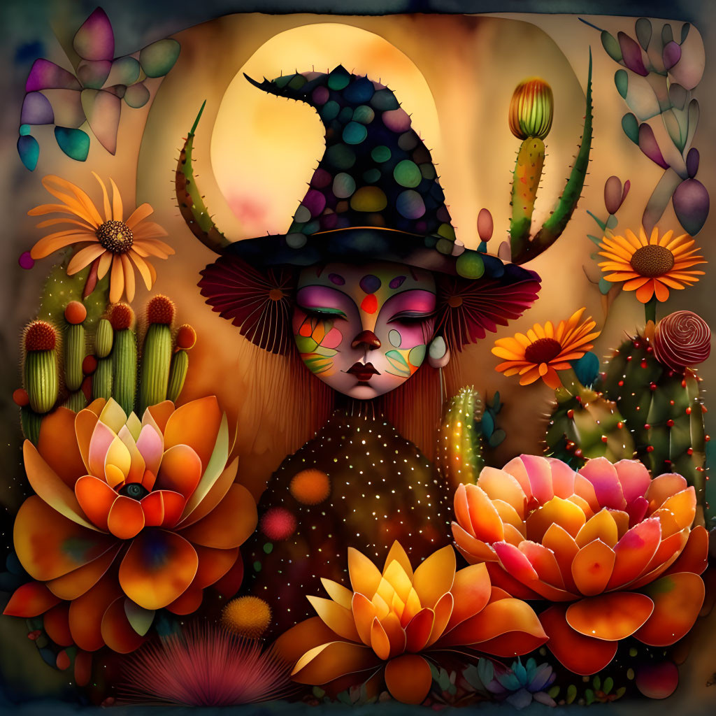 Colorful Witch Hat Character Surrounded by Surreal Flowers and Cacti