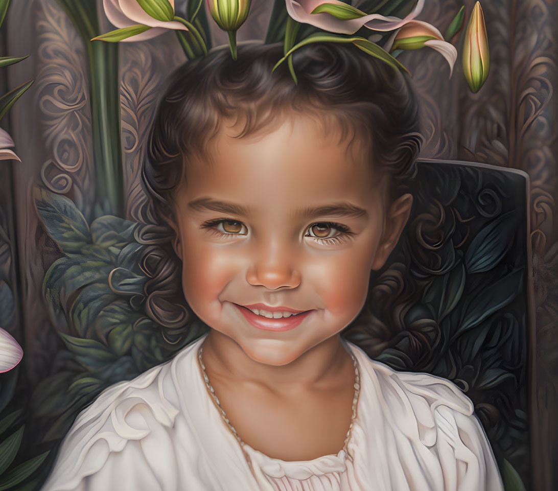 Smiling young girl portrait with curly hair and pink lilies