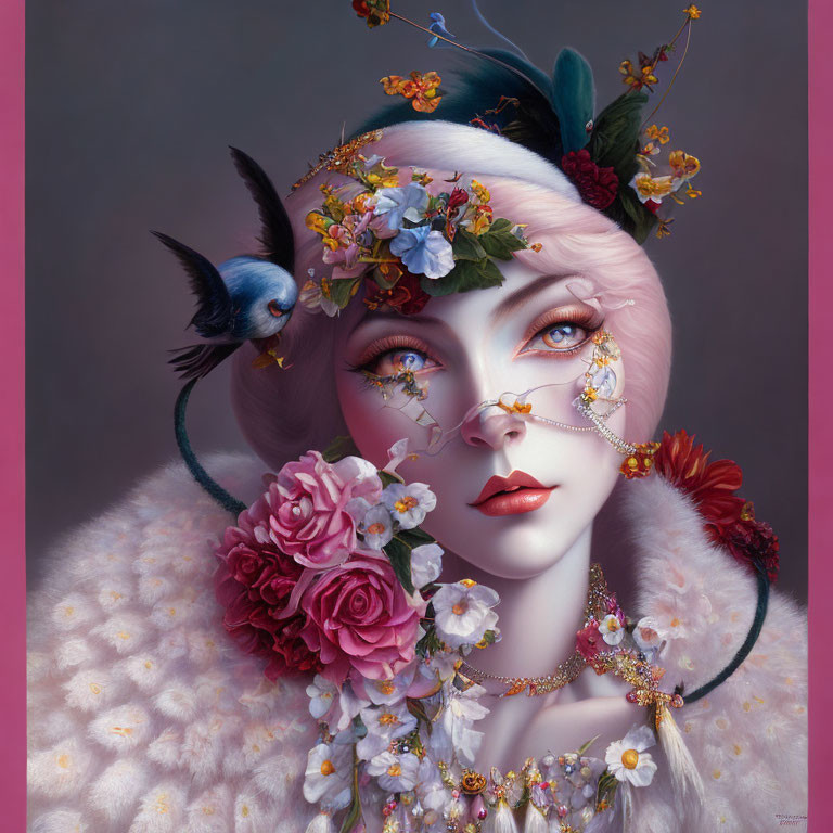 Stylized portrait of woman with floral headpiece and bird on pink background