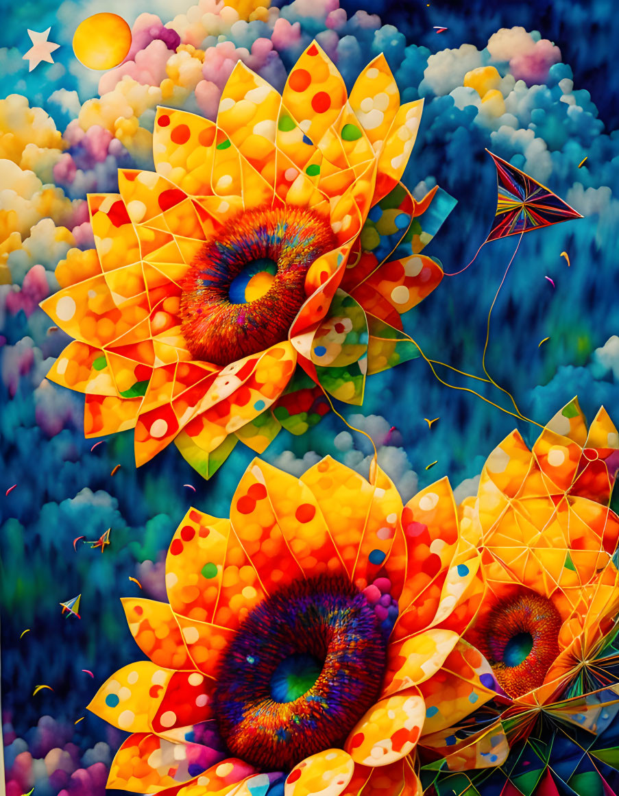 Colorful digital artwork: oversized whimsical flowers on dreamy backdrop