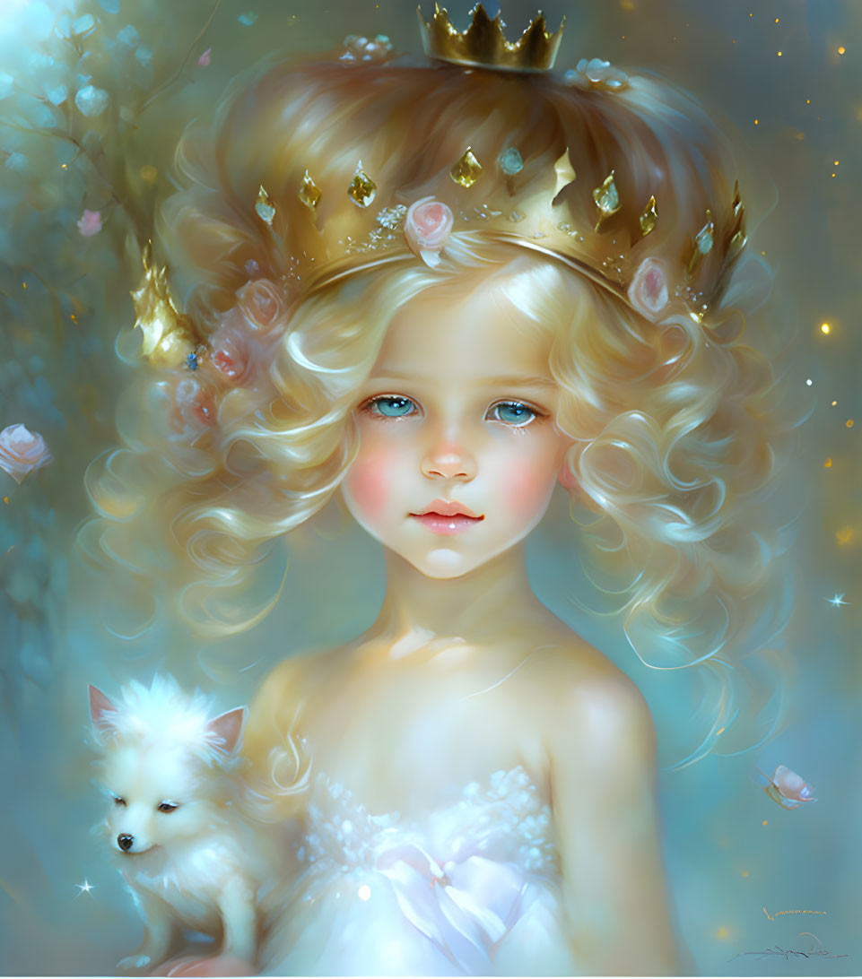 Young girl with blonde hair, crown, white dress, and dog in digital portrait