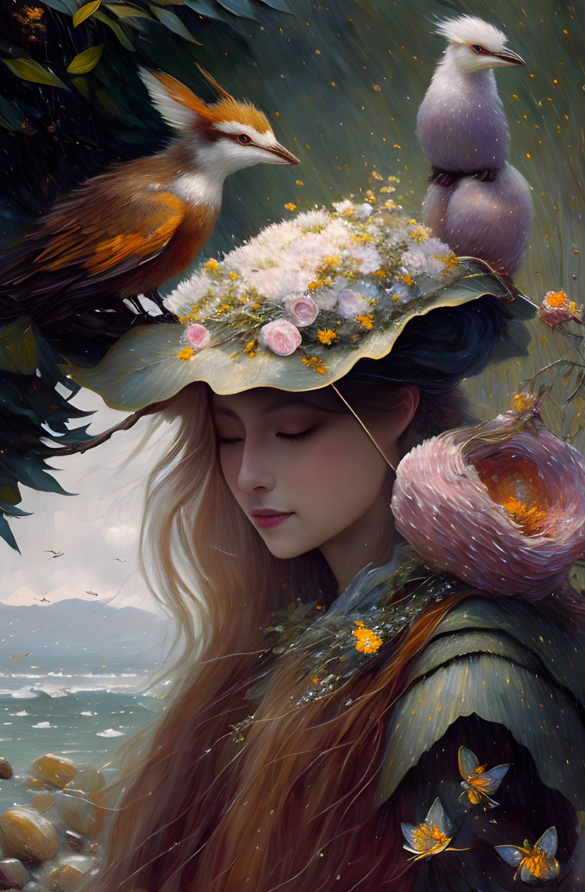 Woman with Floral Hat and Birds in Nature Scene