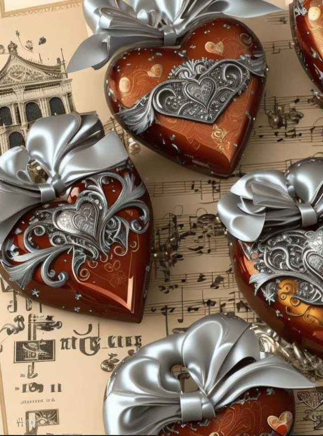 Intricate silver steampunk heart-shaped box on musical notes background