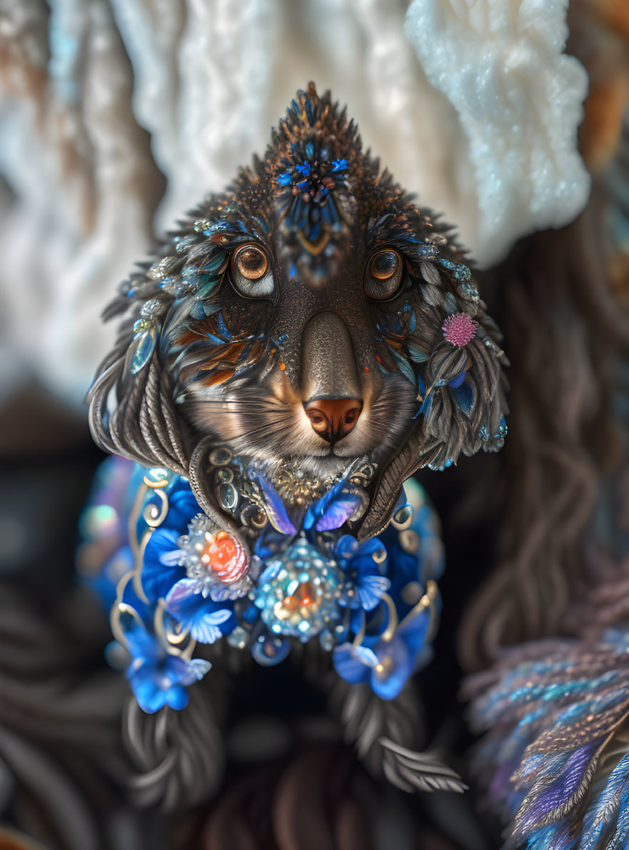 Detailed decorative portrayal of a dog's head with ornate jewelry and blue floral accents, featuring realistic textures