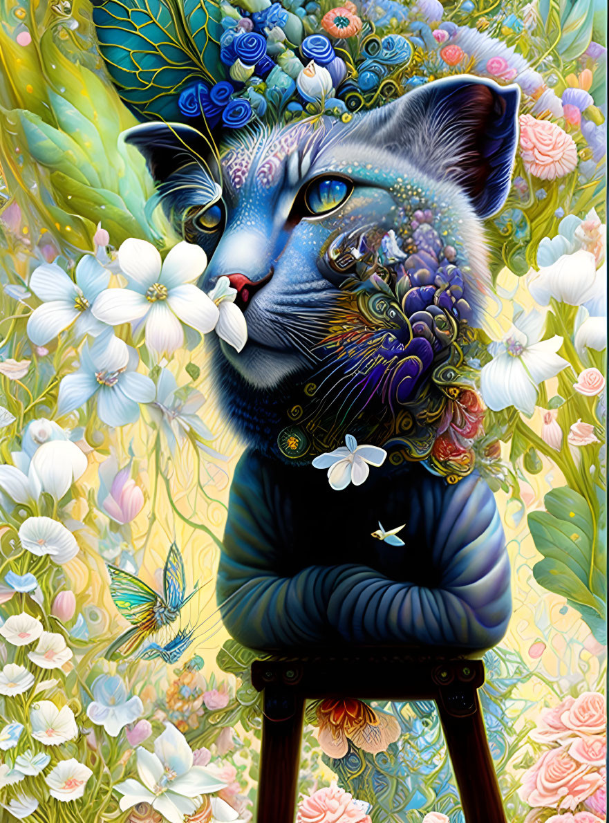 Colorful Stylized Cat Illustration with Flowers and Butterflies