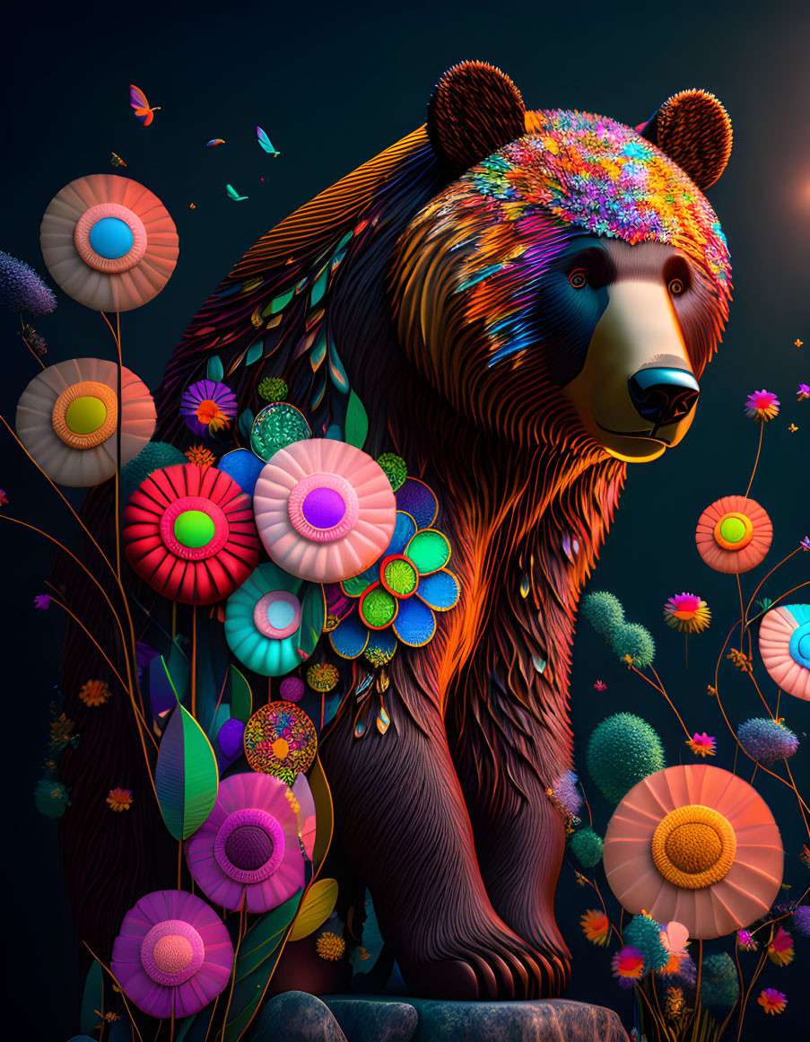 Colorful Bear with Floral Patterns in Whimsical Digital Art