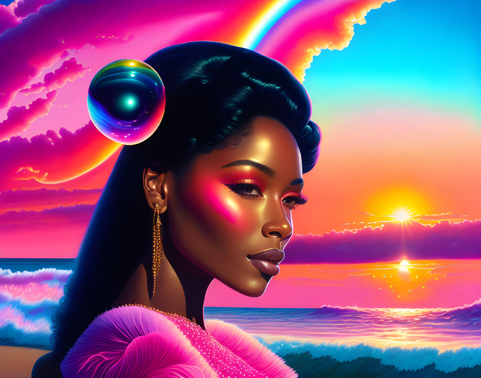 Colorful digital artwork of woman with glossy skin, earring, and bubble in sunset backdrop.