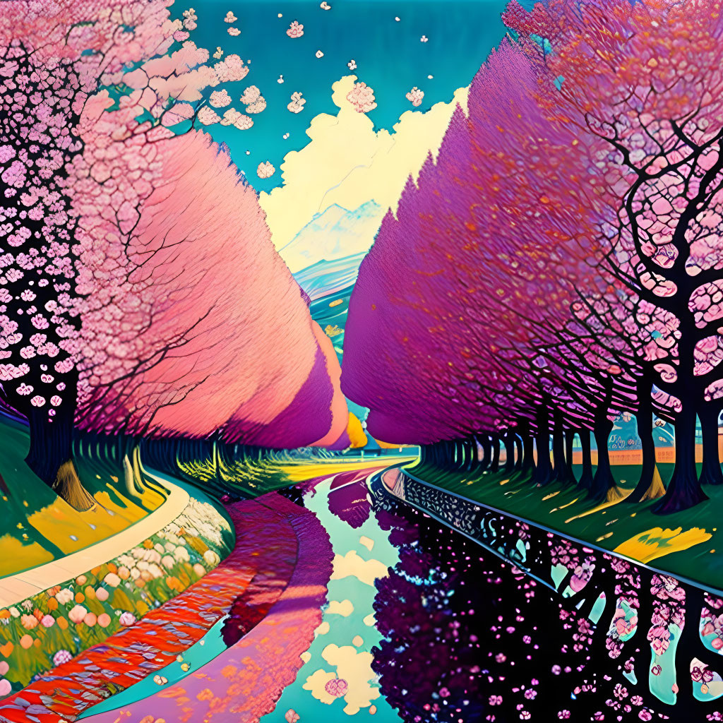 Scenic cherry blossom path by river with colorful trees reflected in water