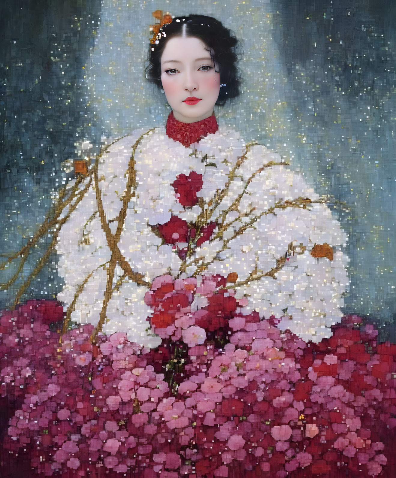 Portrait of Woman with Pale Skin and Dark Hair Surrounded by Flowers and Stars