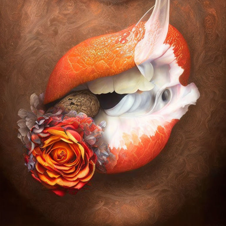 Surreal digital artwork of red-orange lip with bird on brown background
