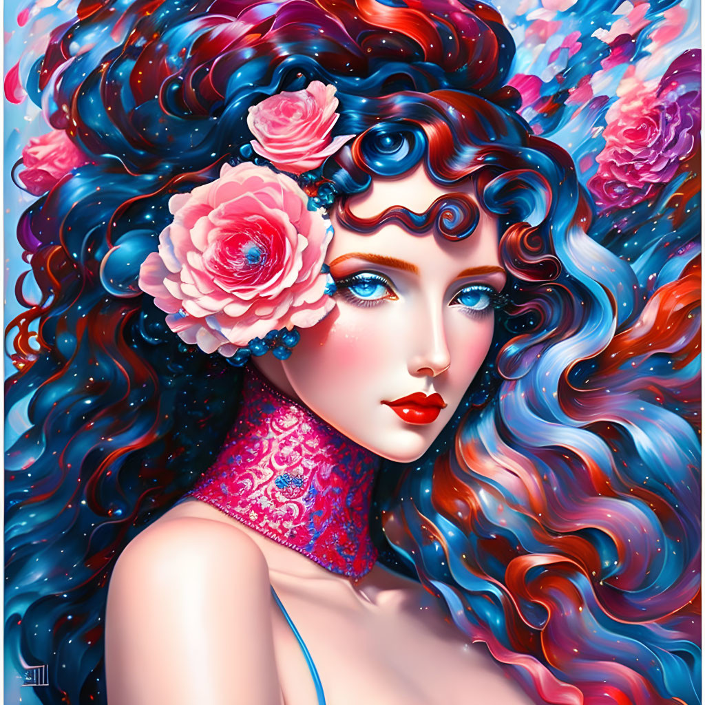 Detailed illustration of woman with blue curls, pink roses, red lips, and blue choker