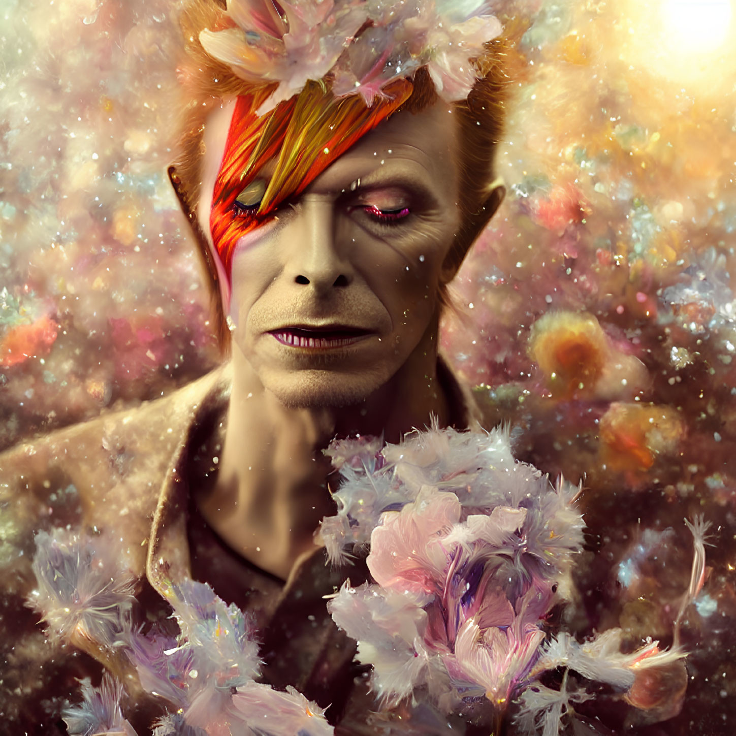 Vibrant orange hair portrait with cosmic backdrop and flowers