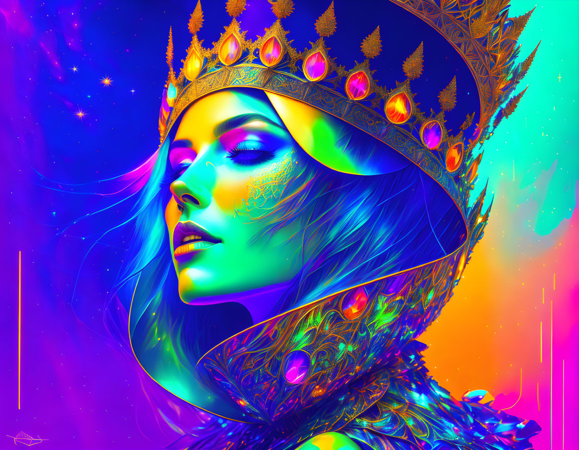 Vivid digital artwork: Woman with blue skin, golden crown, peacock feathers, intricate facial markings