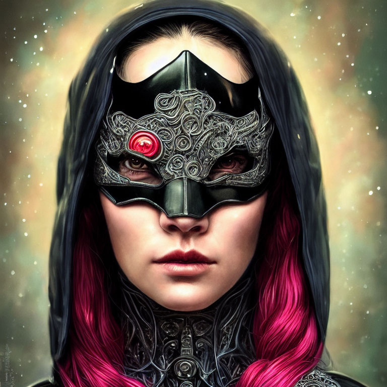 Person with Pink Hair Wearing Black Mask Against Starry Background