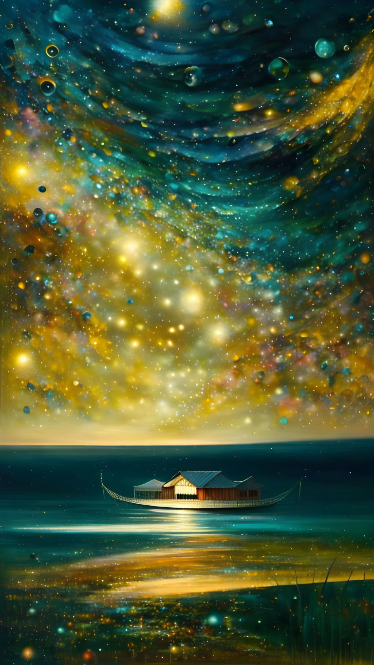 Enchanting night seascape with glowing houseboat under starry sky