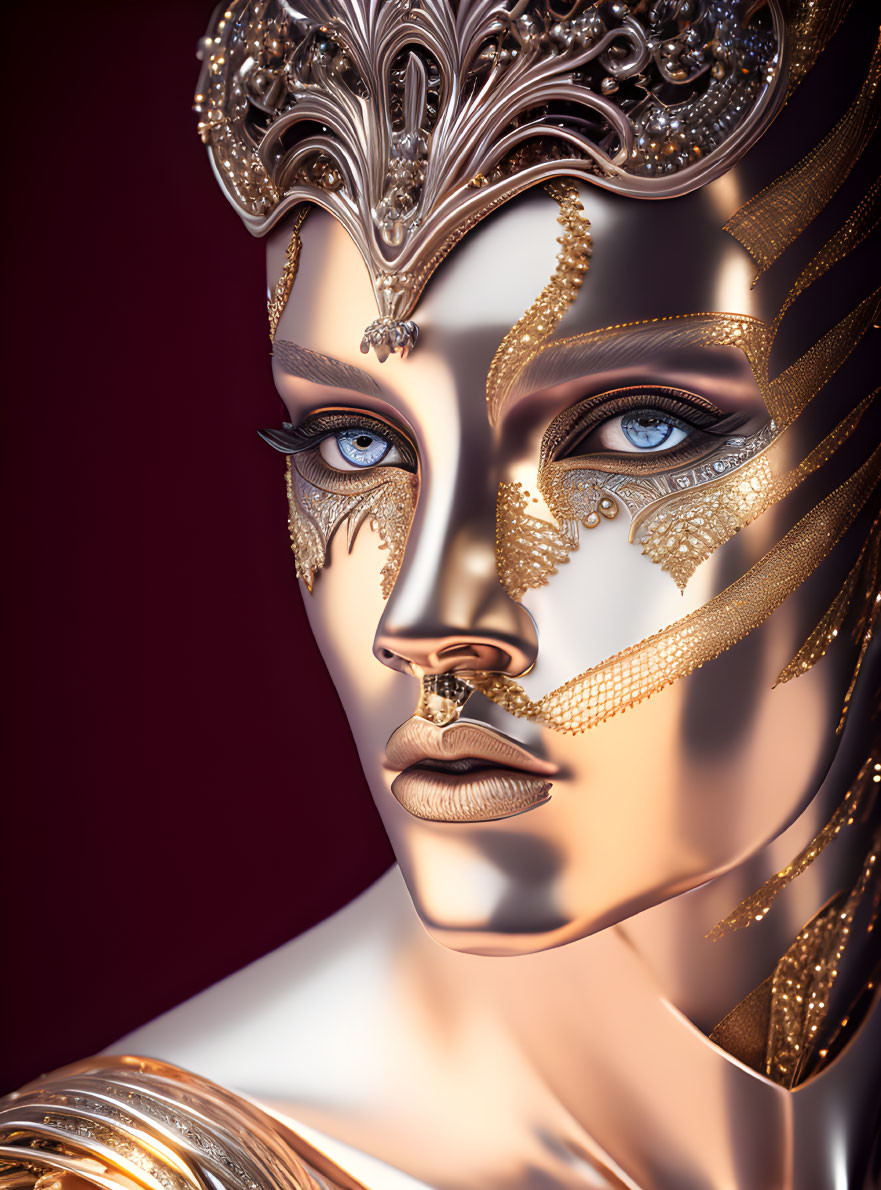 Intricate golden mask on figure with blue eyes in regal pose