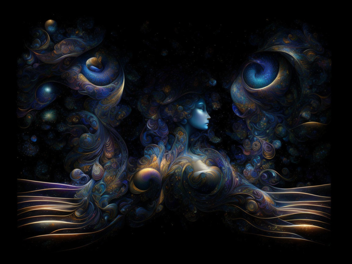 Surreal cosmic image: woman's face in swirling nebula patterns