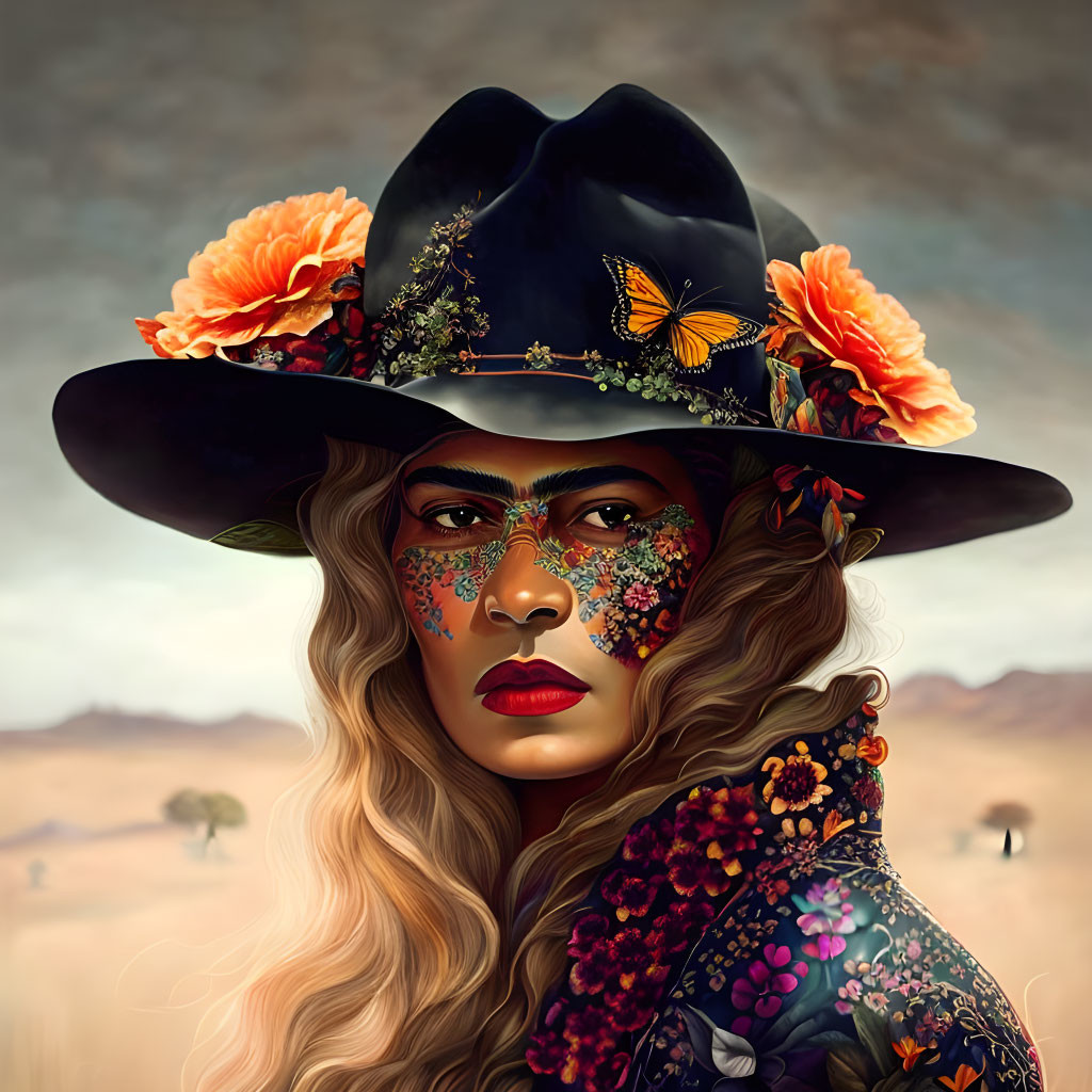 Digital artwork: Woman with floral and butterfly hat, face makeup matching, in desert setting