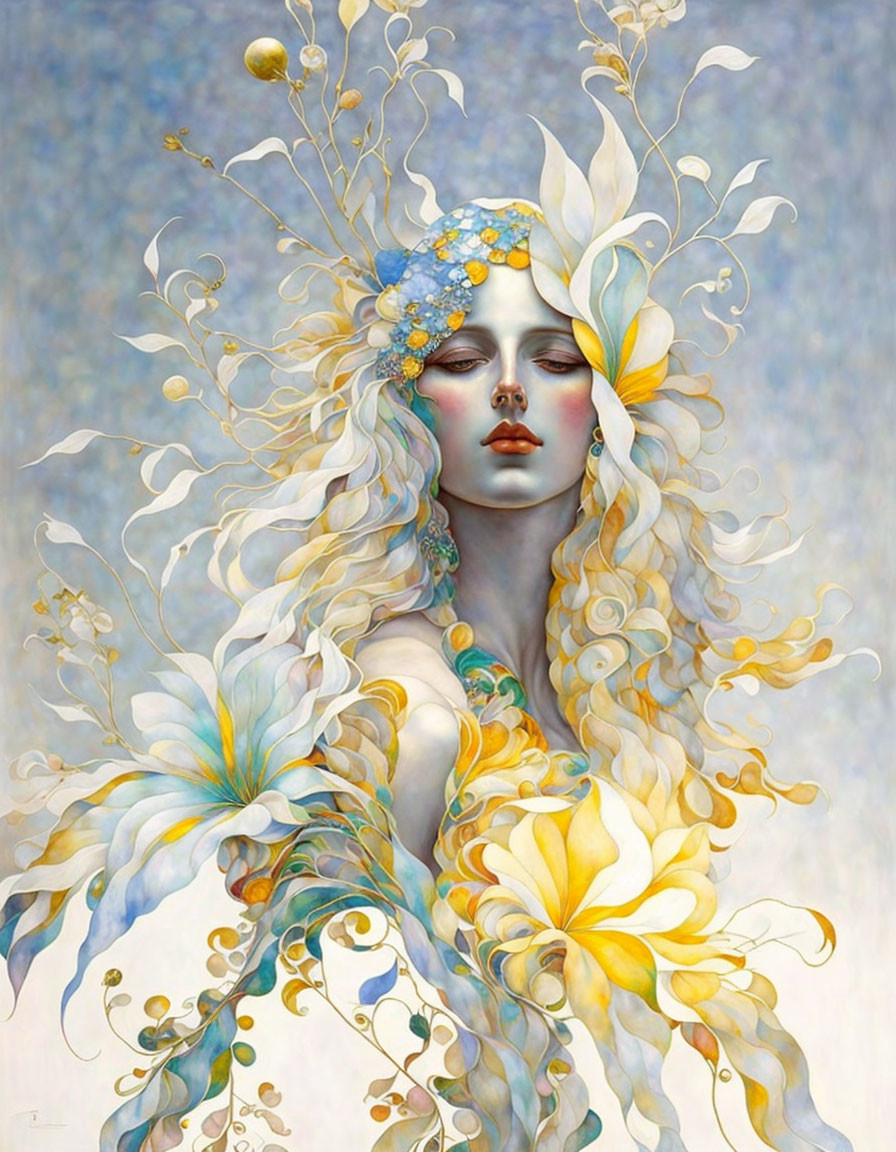 Ethereal figure with white hair and floral adornments on pale background