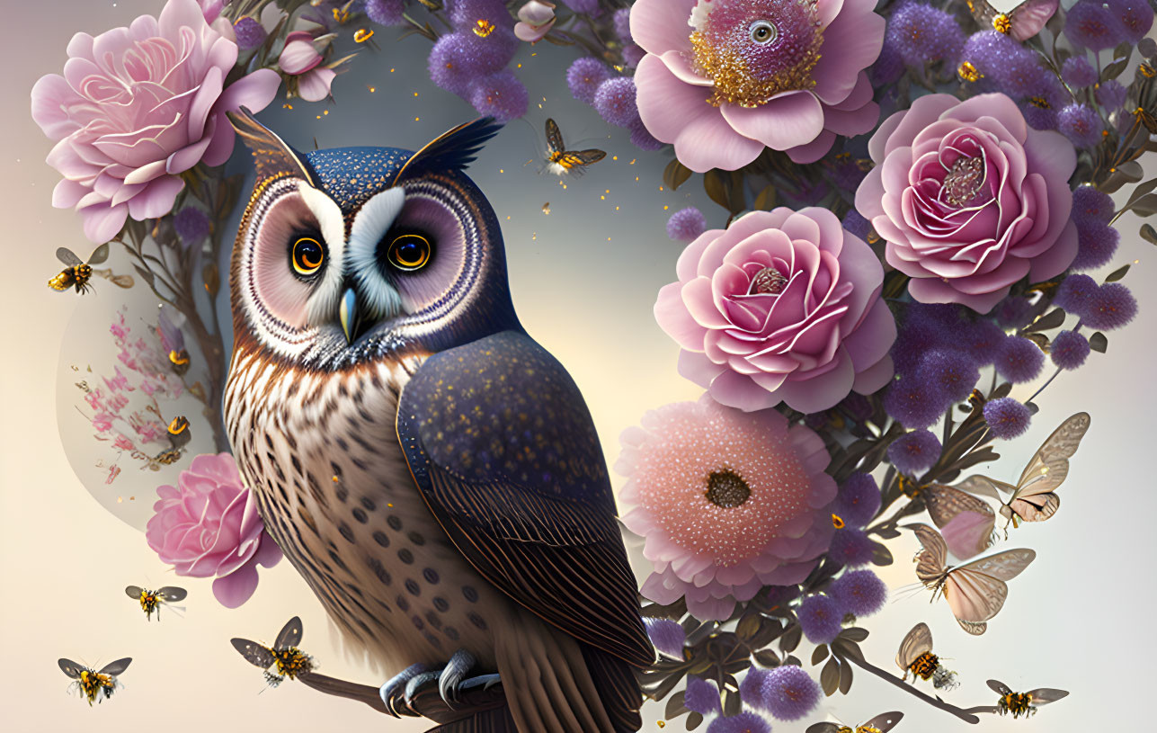 Illustration of owl with pink flowers and butterflies on soft background