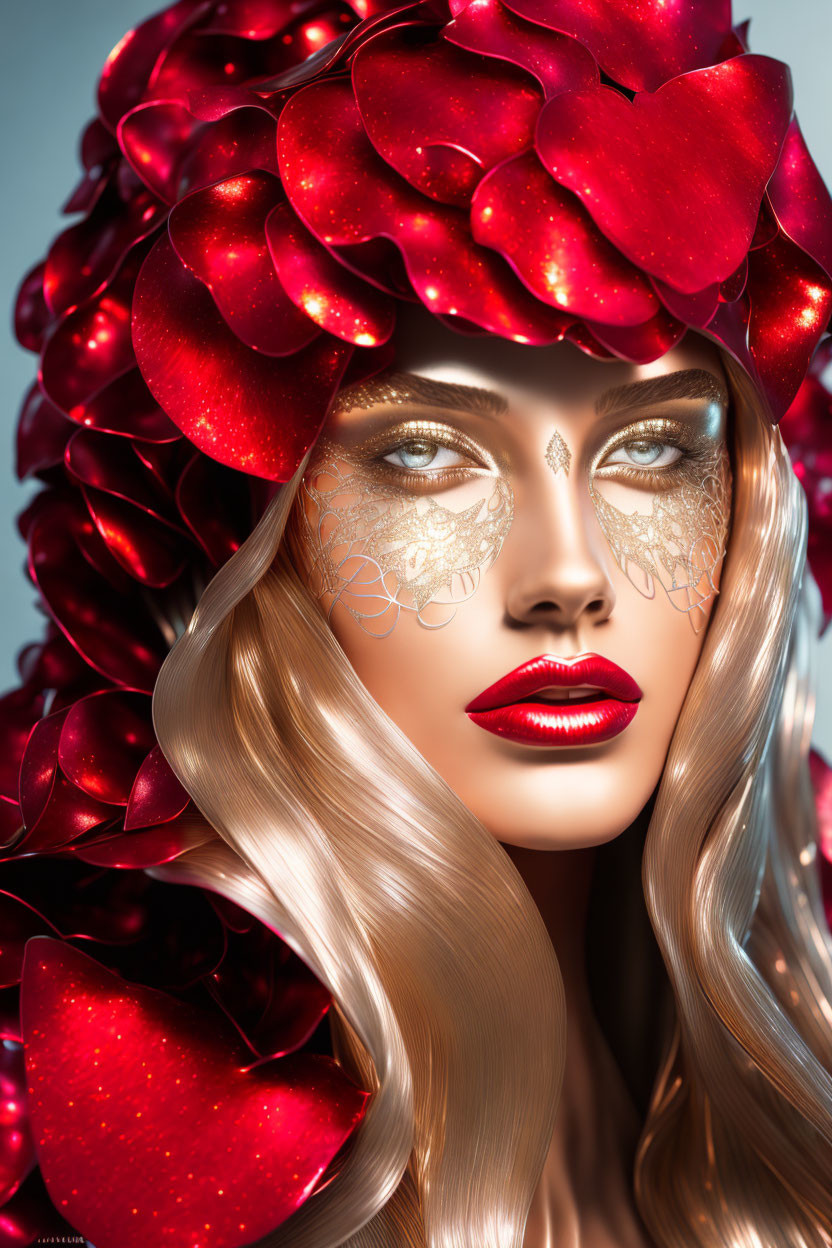 Woman in red floral headpiece with golden eye makeup and flowing blonde hair