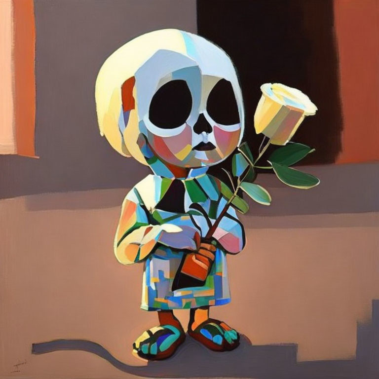 Colorful Skeleton Child Holding Plant and Beverage: Day of the Dead Inspired Painting