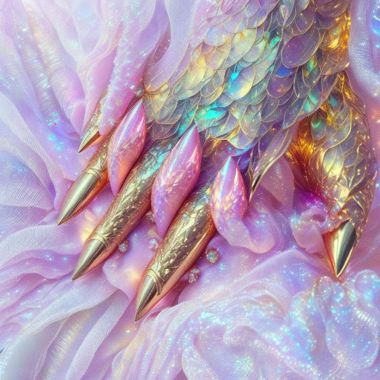 Iridescent golden claw-like fingertips on pink glitter fabric