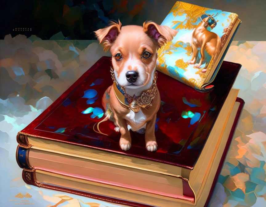 Small Dog with Expressive Eyes on Stack of Books Next to Dog Portrait Pillow