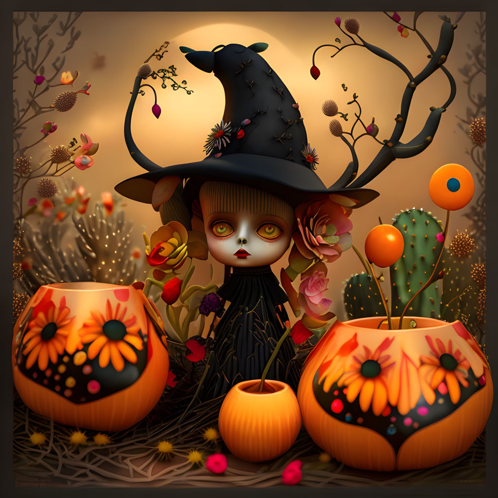 Stylized doll-like figure in witch attire with haunting eyes, surrounded by pumpkins, flowers,