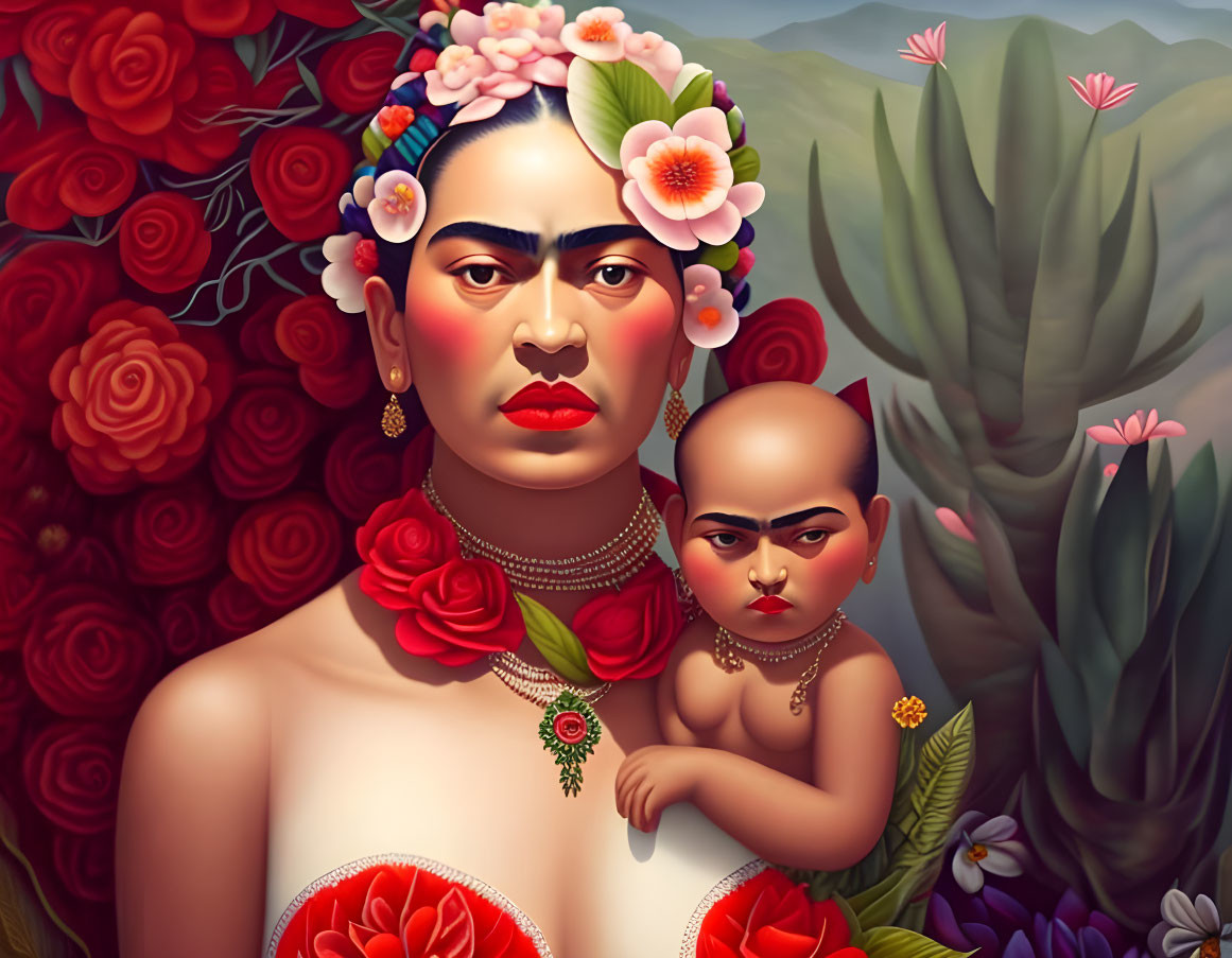 Colorful illustration of woman with floral crown holding baby amidst roses and cacti