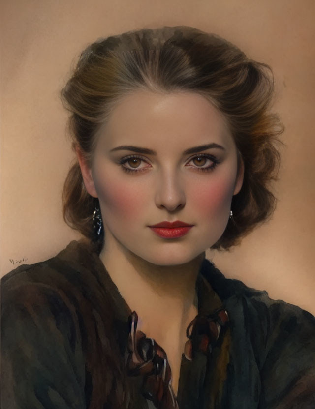 Vintage hairstyle woman with hazel eyes, red lipstick, and leaf-patterned blouse