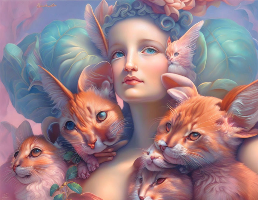 Whimsical portrait of serene woman with oversized orange cats