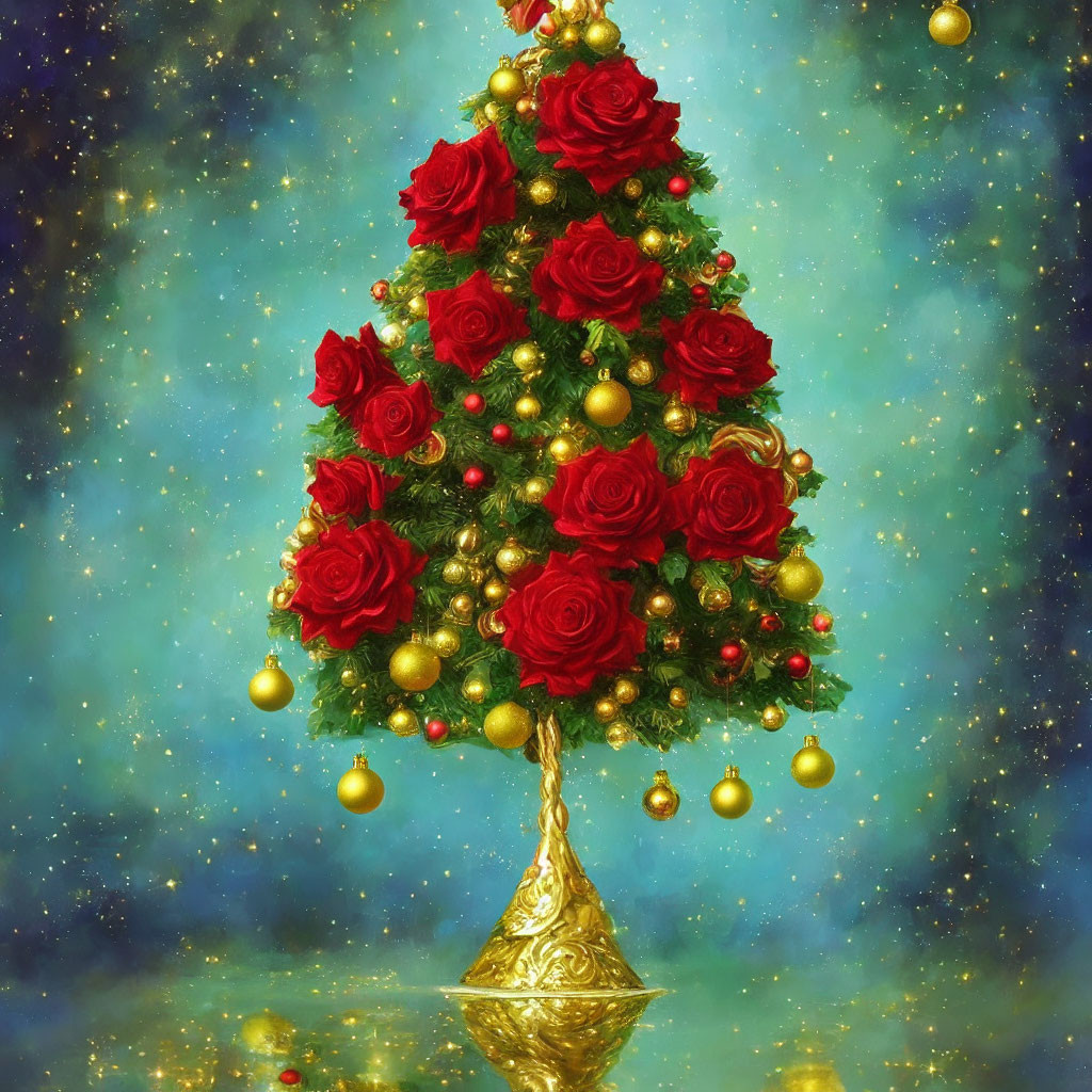 Red Rose Christmas Tree with Gold Ornaments on Blue Background