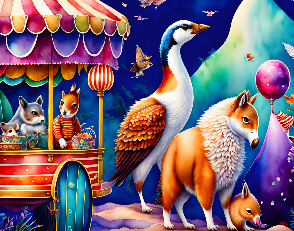 Colorful Anthropomorphic Animal Fair Illustration with Bird, Foxes, and Raccoon