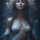 Mystical woman with long blue hair and golden adornments under starry sky