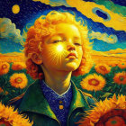 Portrait of woman with golden hair among sunflowers under celestial sky