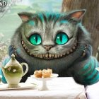 Fluffy Cat with Green Eyes at Decadent Table with Teapot and Wine