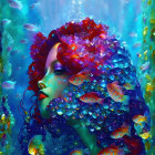 Colorful underwater illustration of a woman with red hair and blue skin surrounded by fish.