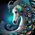 White horse adorned with celestial-themed ornaments on starry backdrop