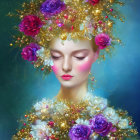 Illustrated woman with floral headdress and cityscape background