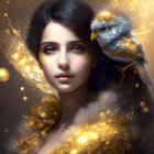 Fantasy portrait: Woman with golden accents, butterflies, and flowers.