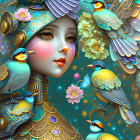 Stylized surreal female faces with intricate adornments and floral motif