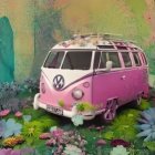 Vintage Pink VW Bus with Floral Patterns on Train Tracks in Van Gogh-inspired Starry Night Scene