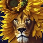 Colorful lion illustration with golden petal mane and cosmic elements.