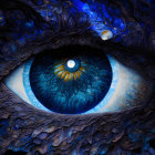 Detailed Digital Artwork: Blue Eye with Ornate Patterns & Peacock Feathers