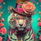 Colorful Tiger in Floral Suit with Rose Hat and Feathers